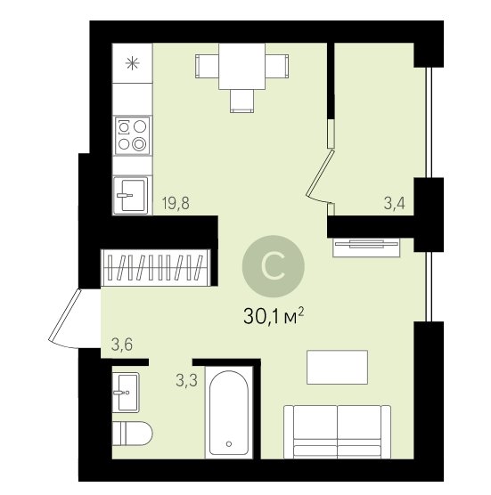 8 этаж 1-комнатн. 30.1 кв.м.