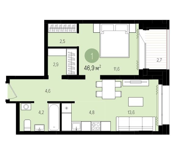 5 этаж 1-комнатн. 46.9 кв.м.