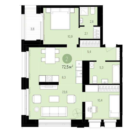 3 этаж 2-комнатн. 72.5 кв.м.