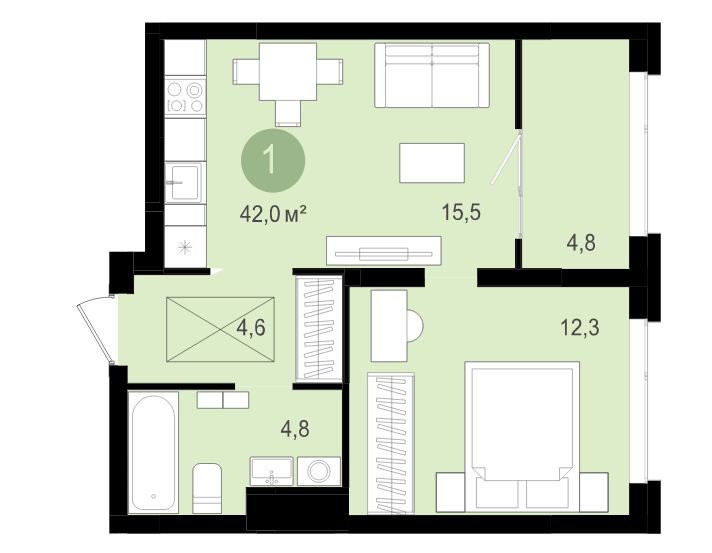 3 этаж 1-комнатн. 42 кв.м.