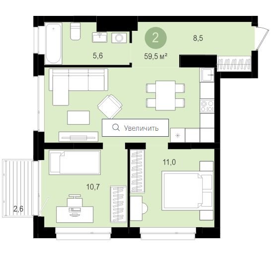 6 этаж 2-комнатн. 59.5 кв.м.